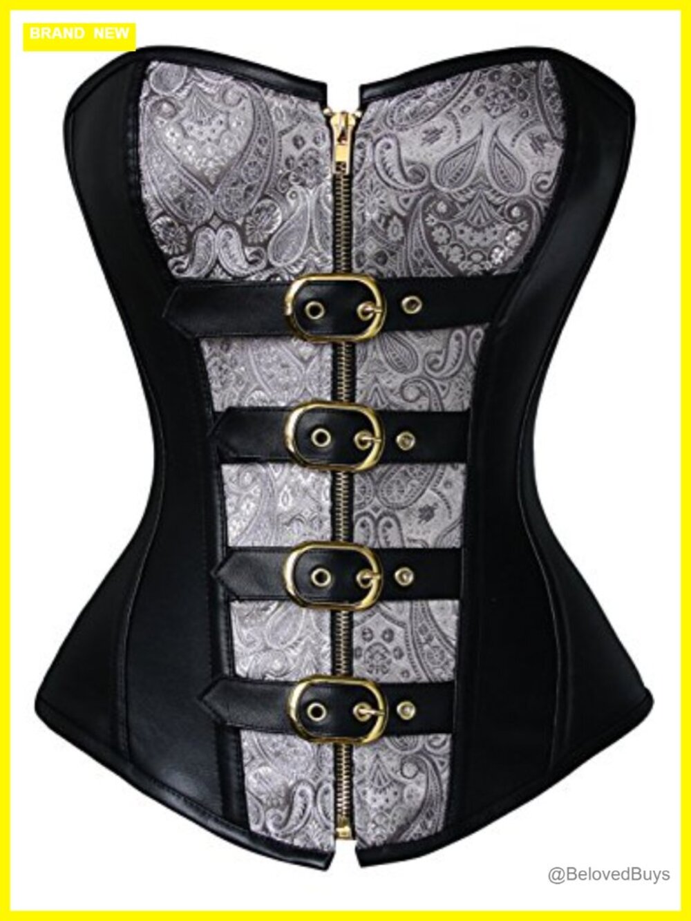 Steel Boned Steampunk Gothic Bustier Corset with Chains, Faux Leather, Lace-Up